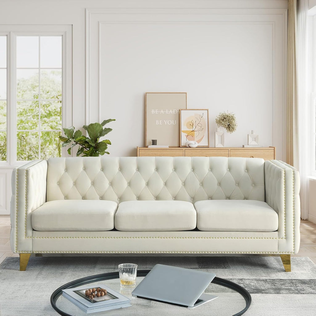 Chesterfield Sofa Set of 2, Modern Velvet Couch with Button Tufted & Nailhead Trim, Upholstered Deep Seat Couch, Comfy Sofa for Living Room, Bedroom, Apartment, Office(58" W + 80.5" W, Beige)