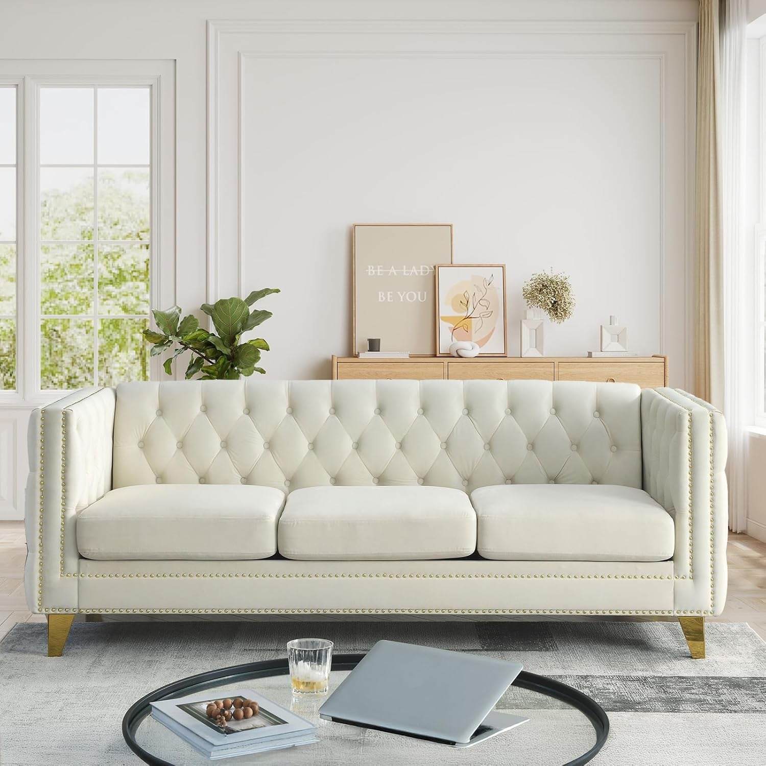 Chesterfield Sofa Set of 2, Modern Velvet Couch with Button Tufted & Nailhead Trim, Upholstered Deep Seat Couch, Comfy Sofa for Living Room, Bedroom, Apartment, Office(58" W + 80.5" W, Beige)