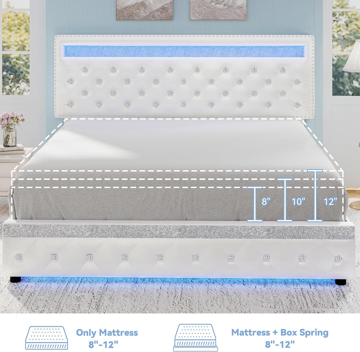 Queen LED Bed Frame with Adjustable Headboard & 2 Drawers, PU White