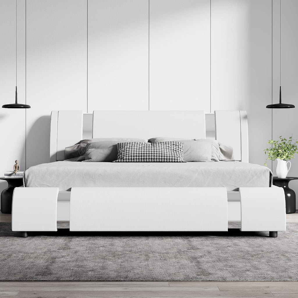 King Bed Frame with Iron Pieces Decor, Faux Leather, White