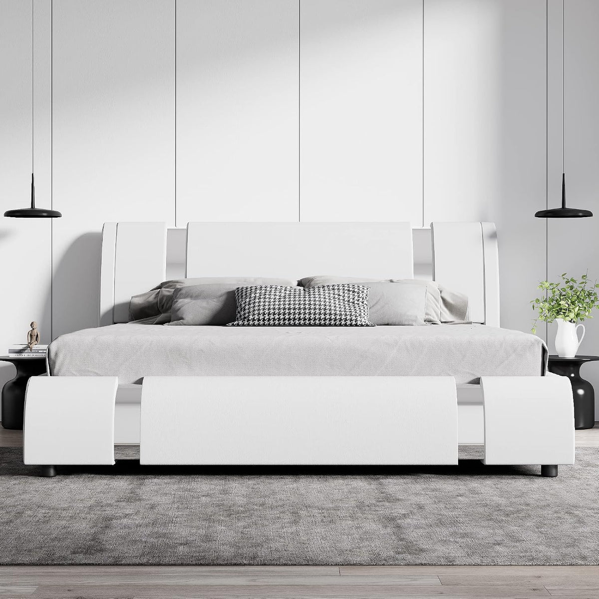 King Bed Frame with Iron Pieces Decor, Faux Leather, White