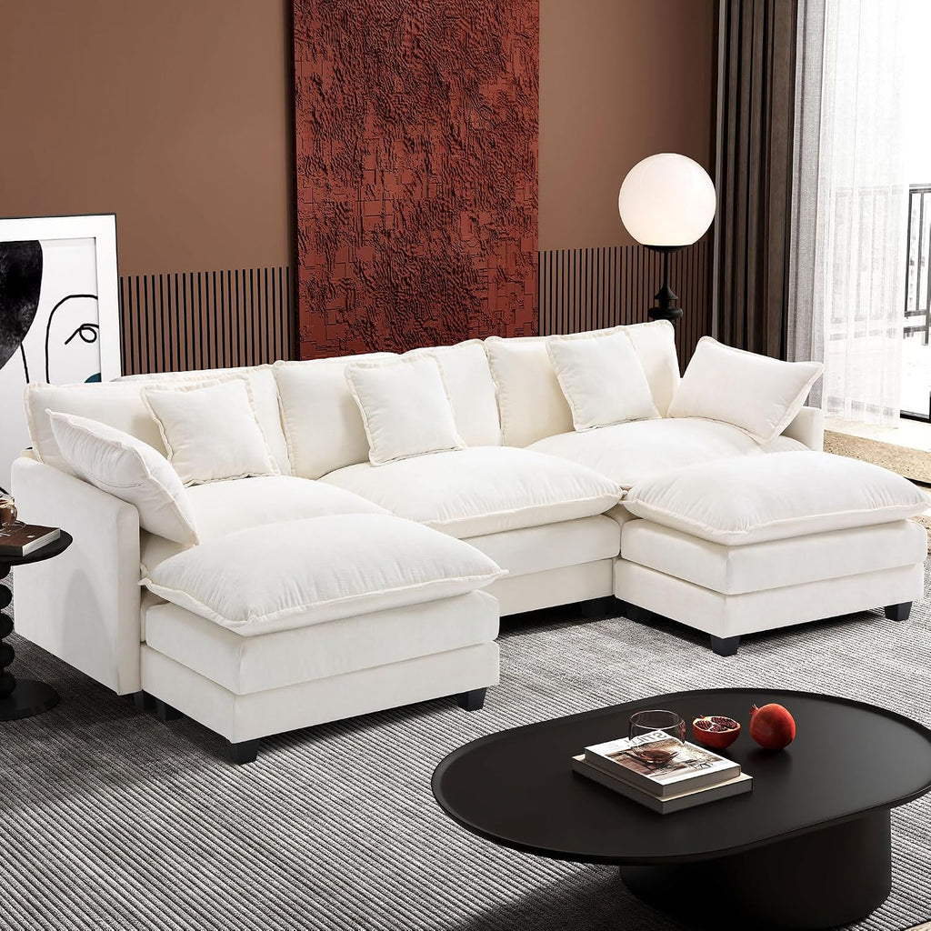 111.4" U Shaped Cloud Couch Modern Modular Sectional Sofa with 2 Ottoman, 5-Seat Chenille Deep Seat Sofa with 5 Pillows for Living Room, Bedroom and Apartment, Beige