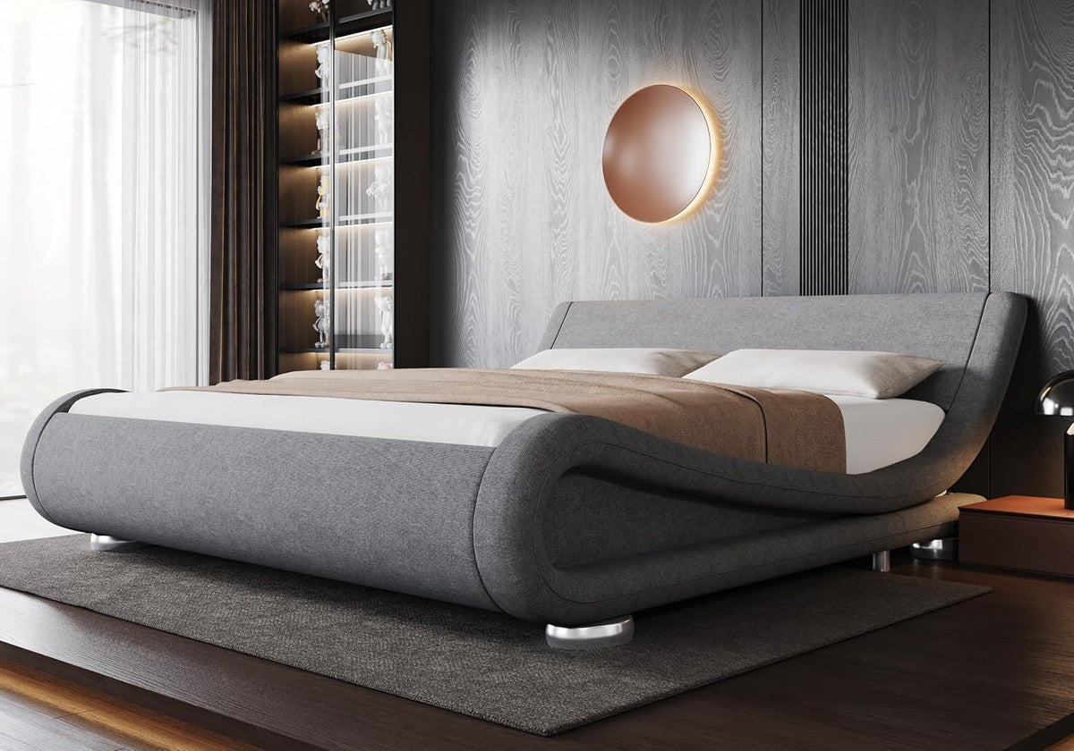 King Upholstered Sleigh Bed Frame with Adjustable Headboard, Grey