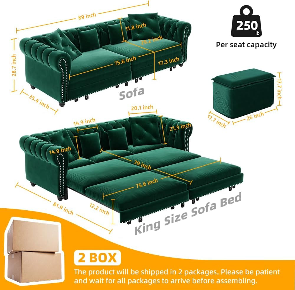 89" King Size Sleeper Sofa Bed, 3-In-1 Convertible Pull Out Chesterfield Sleeper Couch with Ottoman, Oversized Velvet Button Tufted L Shaped Sofa for Living Room Small Spaces (Green)