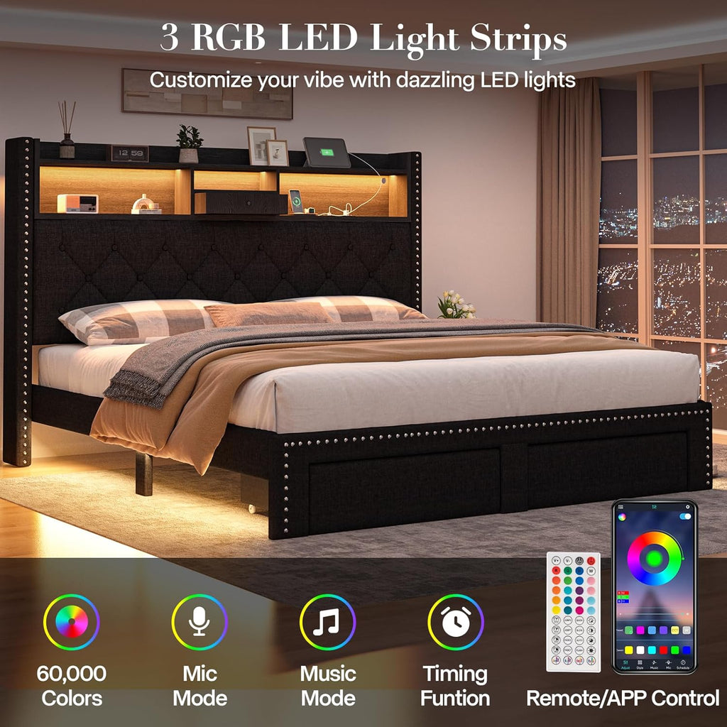Queen Size Bed Frame, Linen Storage Headboard with LED Light & Charging Station, Upholstered Platform Bed with 2 Storage Drawers, Steel Slats Support, No Box Spring Needed, Black