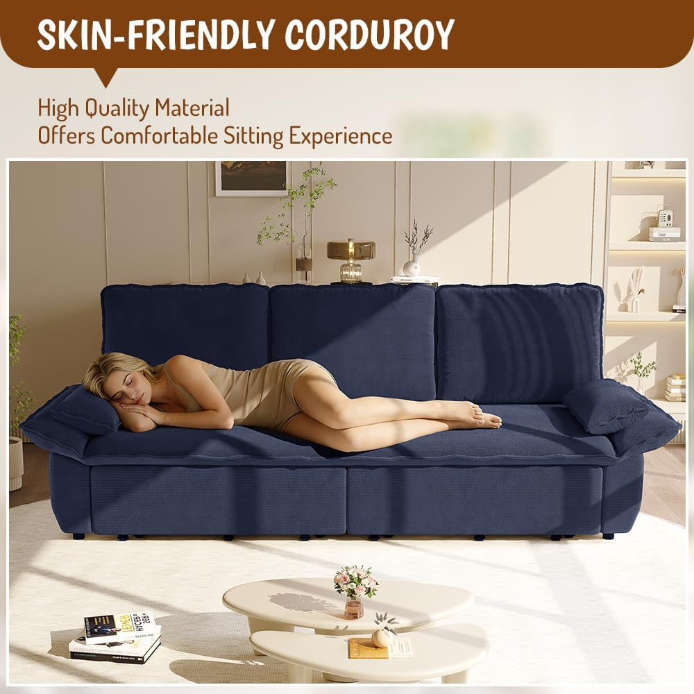 94.5'' King Size Pull Out Sleeper Sofa, 3-In-1 Convertible Futon Couch with Cloud Comfort, Corduroy Reclining Loveseat Sofa for Office, RV, Home Theater