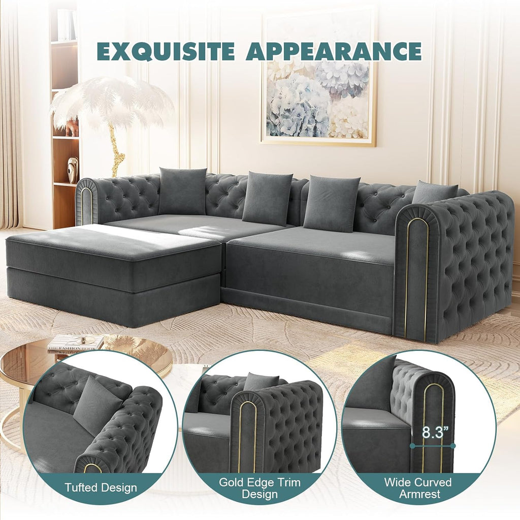 90.6" King Size Sleeper Sofa Bed, 3-In-1 Convertible Foldable Chesterfield Floor Couch with Ottoman, Oversized Velvet Button Tufted L Shaped Sofa for Living Room Small Spaces, Dark Grey
