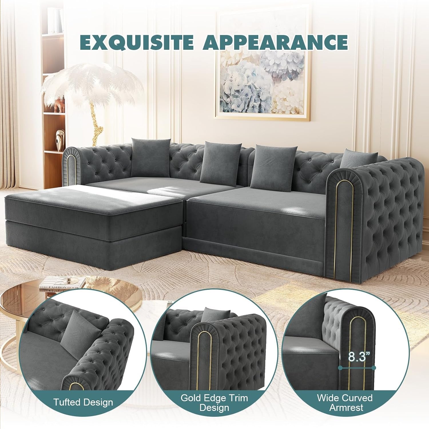 90.6" King Size Sleeper Sofa Bed, 3-In-1 Convertible Foldable Chesterfield Floor Couch with Ottoman, Oversized Velvet Button Tufted L Shaped Sofa for Living Room Small Spaces, Dark Grey