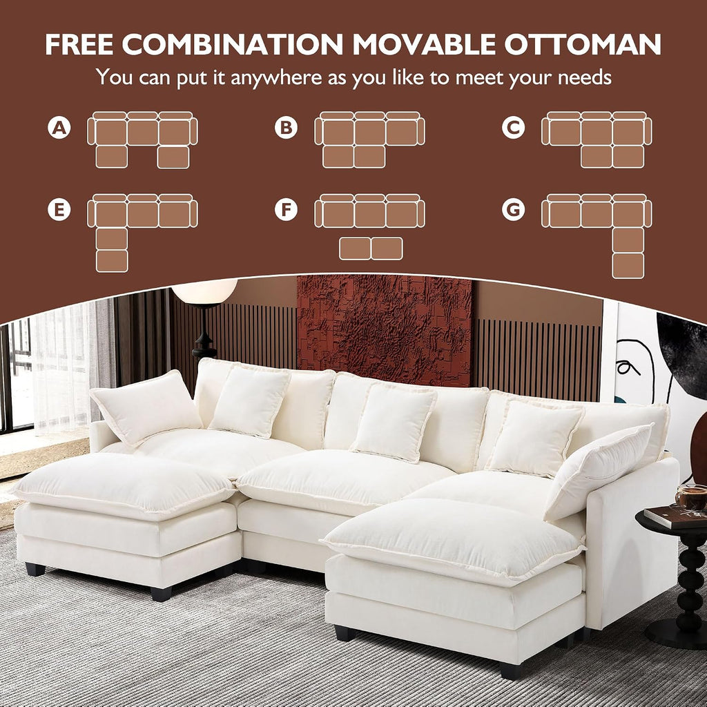 111.4" U Shaped Cloud Couch Modern Modular Sectional Sofa with 2 Ottoman, 5-Seat Chenille Deep Seat Sofa with 5 Pillows for Living Room, Bedroom and Apartment, Beige