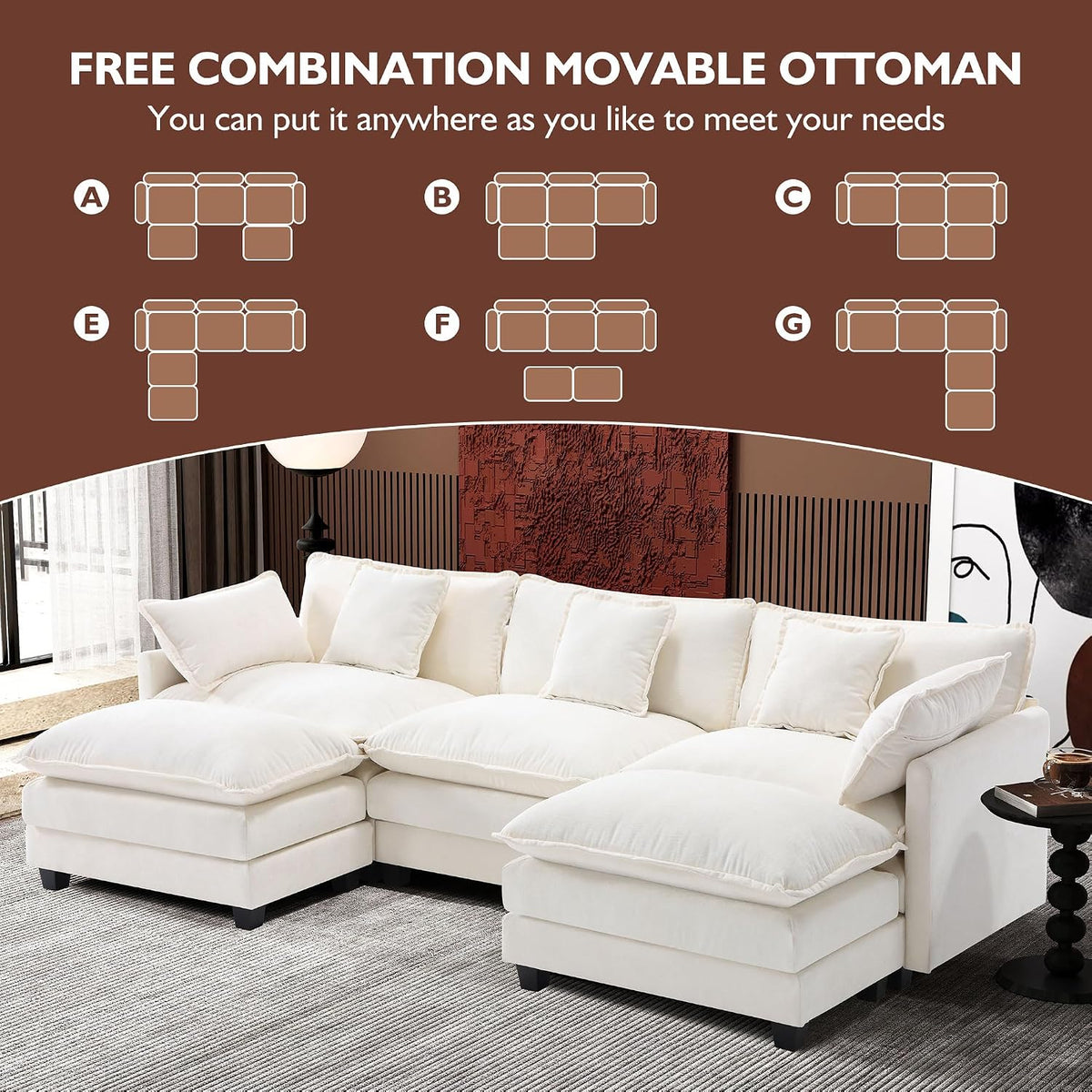 111.4" U Shaped Cloud Couch Modern Modular Sectional Sofa with 2 Ottoman, 5-Seat Chenille Deep Seat Sofa with 5 Pillows for Living Room, Bedroom and Apartment, Beige