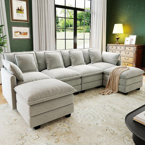 107" Cloud Couch Sectional Modular Sofa, Deep Seat Couches with Ottoman and Removable Washable Pillows for Living Room, Bedroom, Apartment, Light Grey
