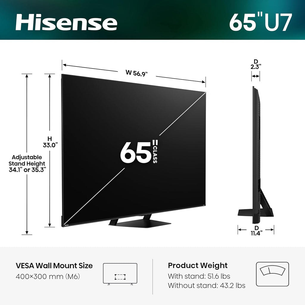 65" U7 Mini-Led ULED 4K UHD Best Premium Gaming Smart Google TV (65U7SG, 2026 NEW) - Hi-Qled, Native 165Hz, VRR 330, HDR10+, Dolby Vision IQ · Atmos, IMAX Enhanced, Anti-Reflection, 2.1.2 Ch
