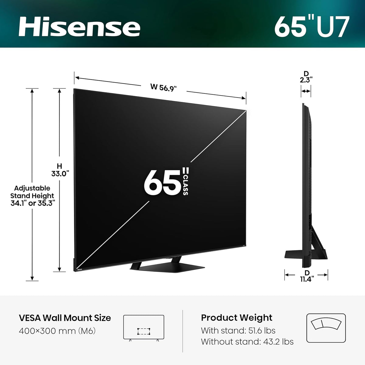 65" U7 Mini-Led ULED 4K UHD Best Premium Gaming Smart Google TV (65U7SG, 2026 NEW) - Hi-Qled, Native 165Hz, VRR 330, HDR10+, Dolby Vision IQ · Atmos, IMAX Enhanced, Anti-Reflection, 2.1.2 Ch