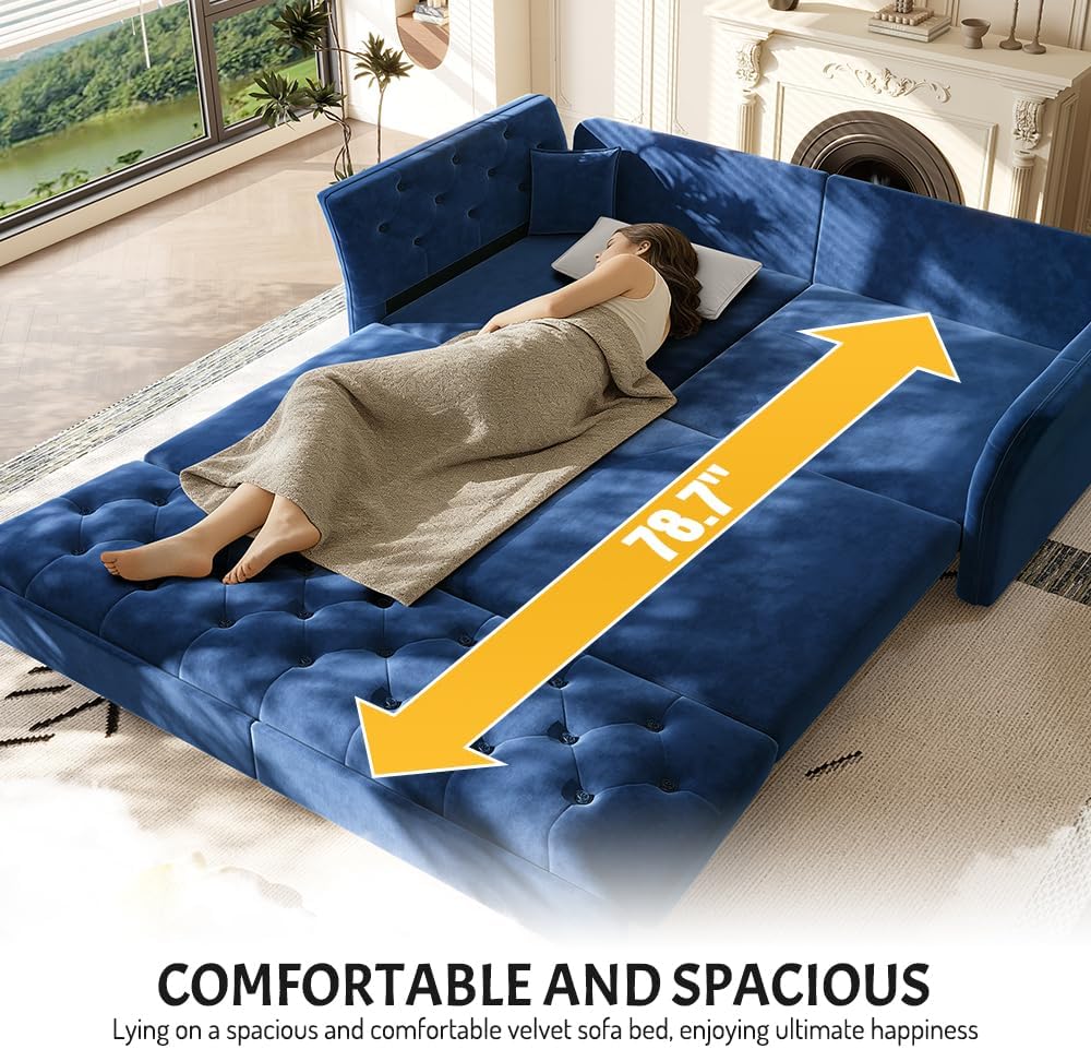 Sleeper Sofa Bed 100", Velvet Pull Out Couch, Flower Tufted Sofa, Blue