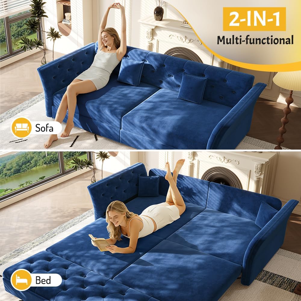 Sleeper Sofa Bed 100", Velvet Pull Out Couch, Flower Tufted Sofa, Blue
