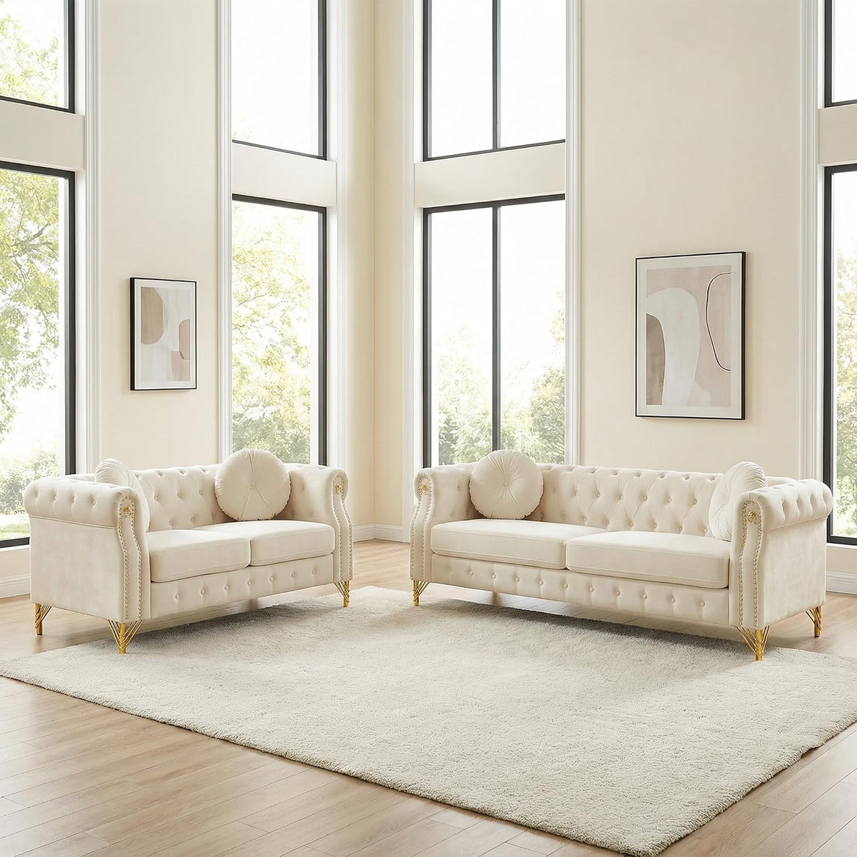 2 Pieces Velvet Chesterfield 82" 3-Seater and 61" Loveseat Sofa Sets with Two Pillows, Featuring Copper Stud Detailing (Beige, 2 Pieces 82" 3-Seater and 61" Loveseat Sofa Sets)