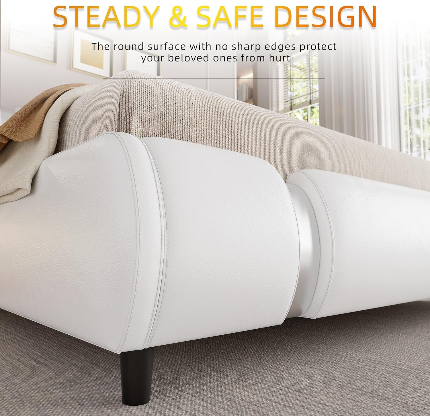 Modern Queen Size Bed Frame with Mirror Metal Decoration, Faux Leather Upholstered Platform Bed with Curved Headboard, Wooden Slats Support, No Box Spring Needed, White