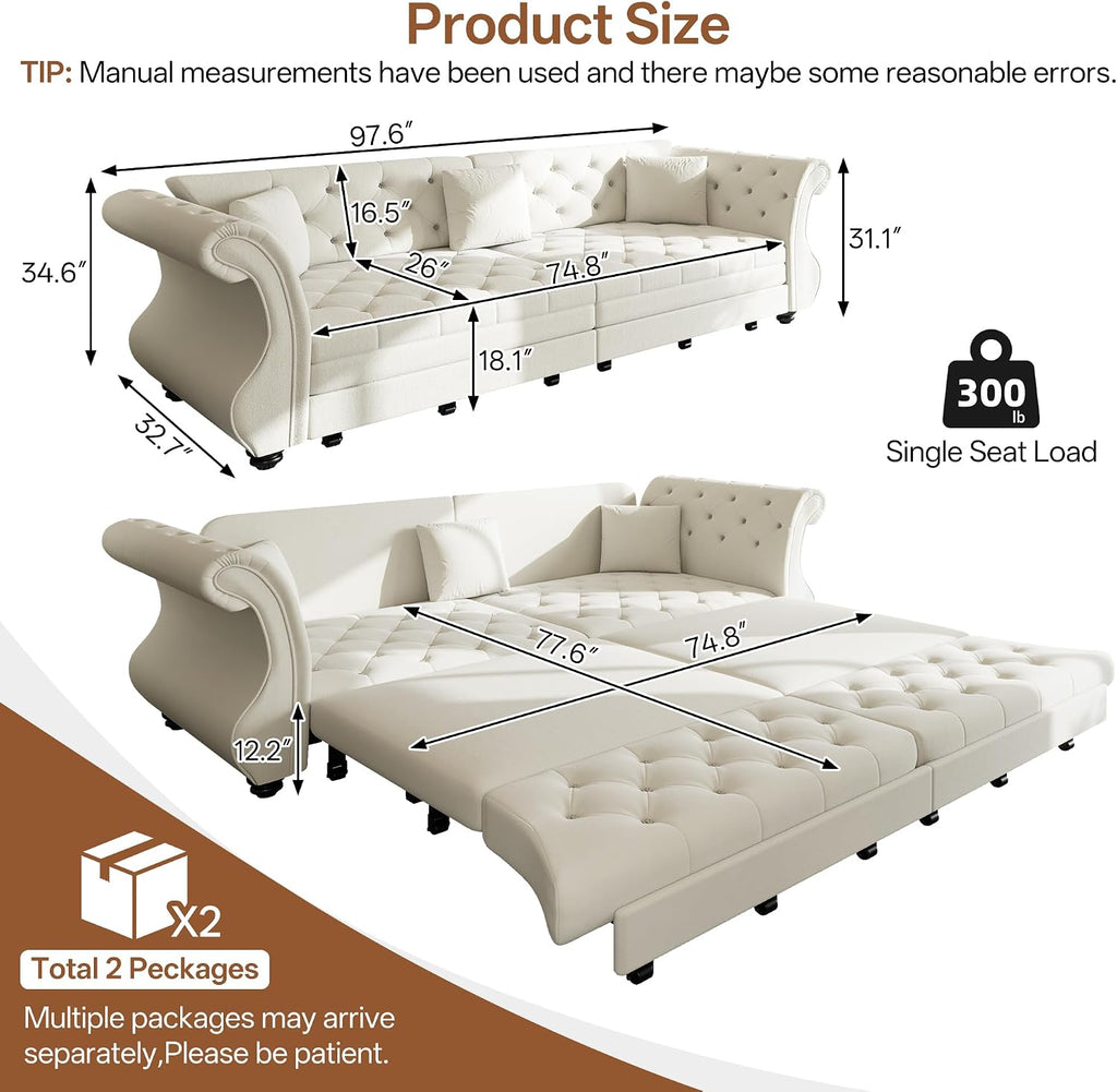 Sleeper Sofa Bed 100", Velvet Pull Out Couch, Flower Tufted Sofa, Beige