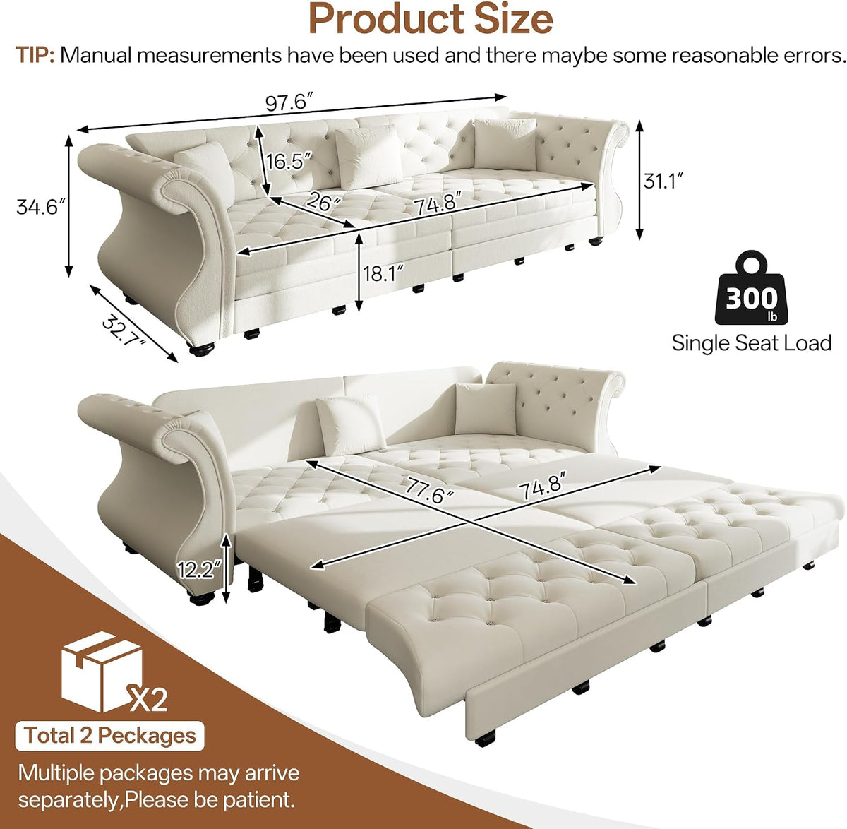Sleeper Sofa Bed 100", Velvet Pull Out Couch, Flower Tufted Sofa, Beige
