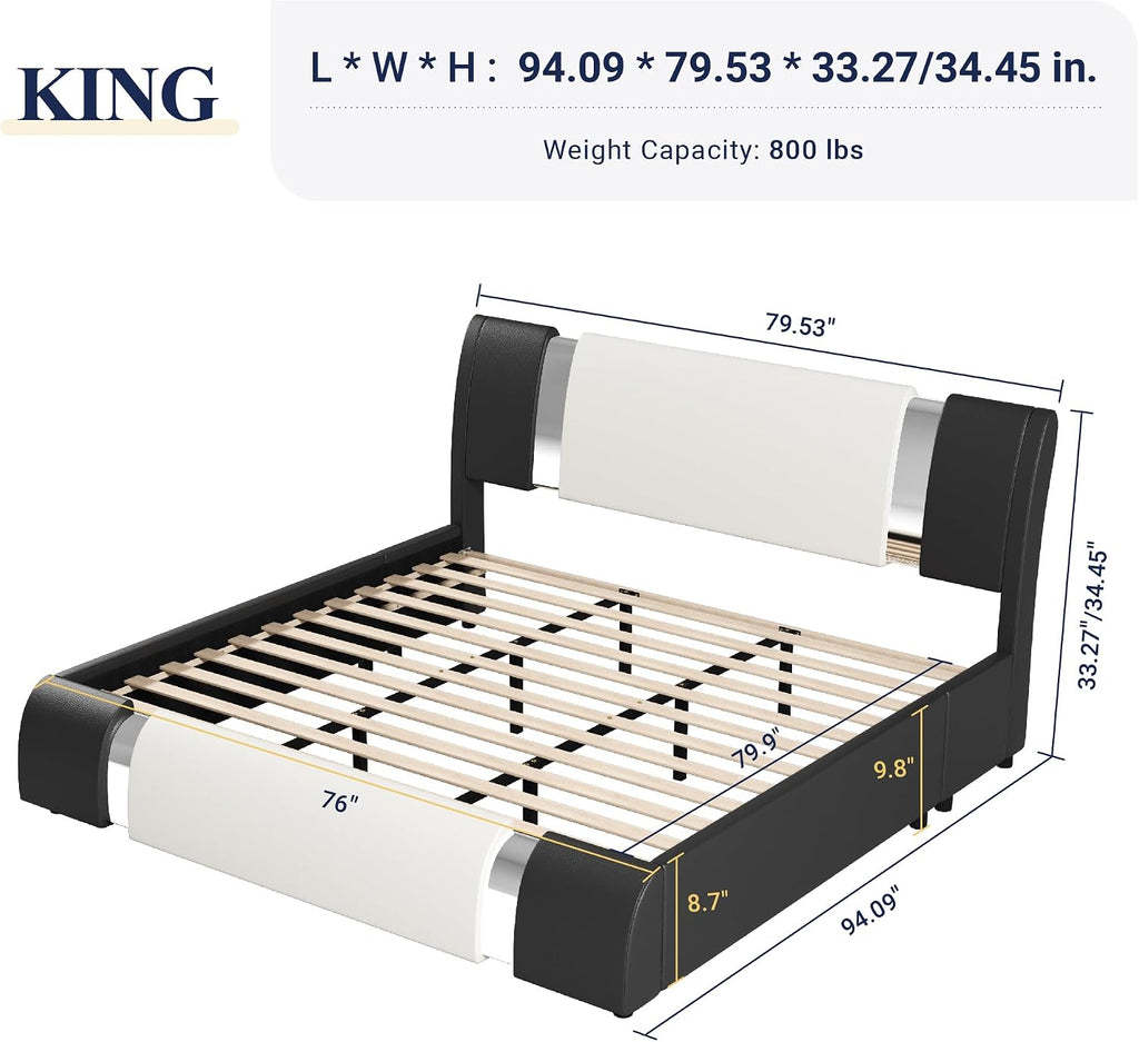 King Bed Frame with Iron Piece, Faux Leather, White & Black