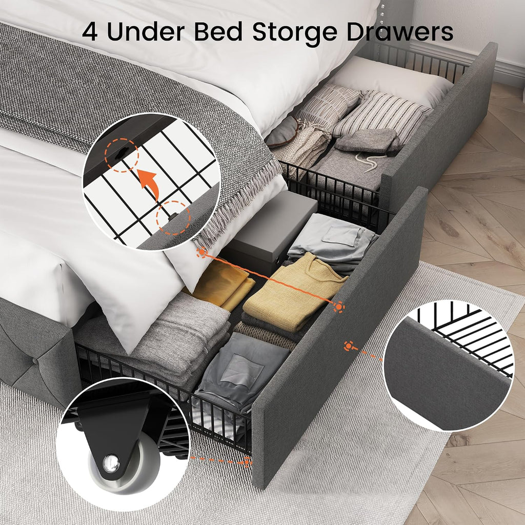 Queen Size Platform Bed Frame with 4 Storage Drawers and 47.2" Tall Tufted Headboard Linen Upholstered Bed Wingback Bed Frame with Wooden Slats Support, Easy Assembly, Light Grey
