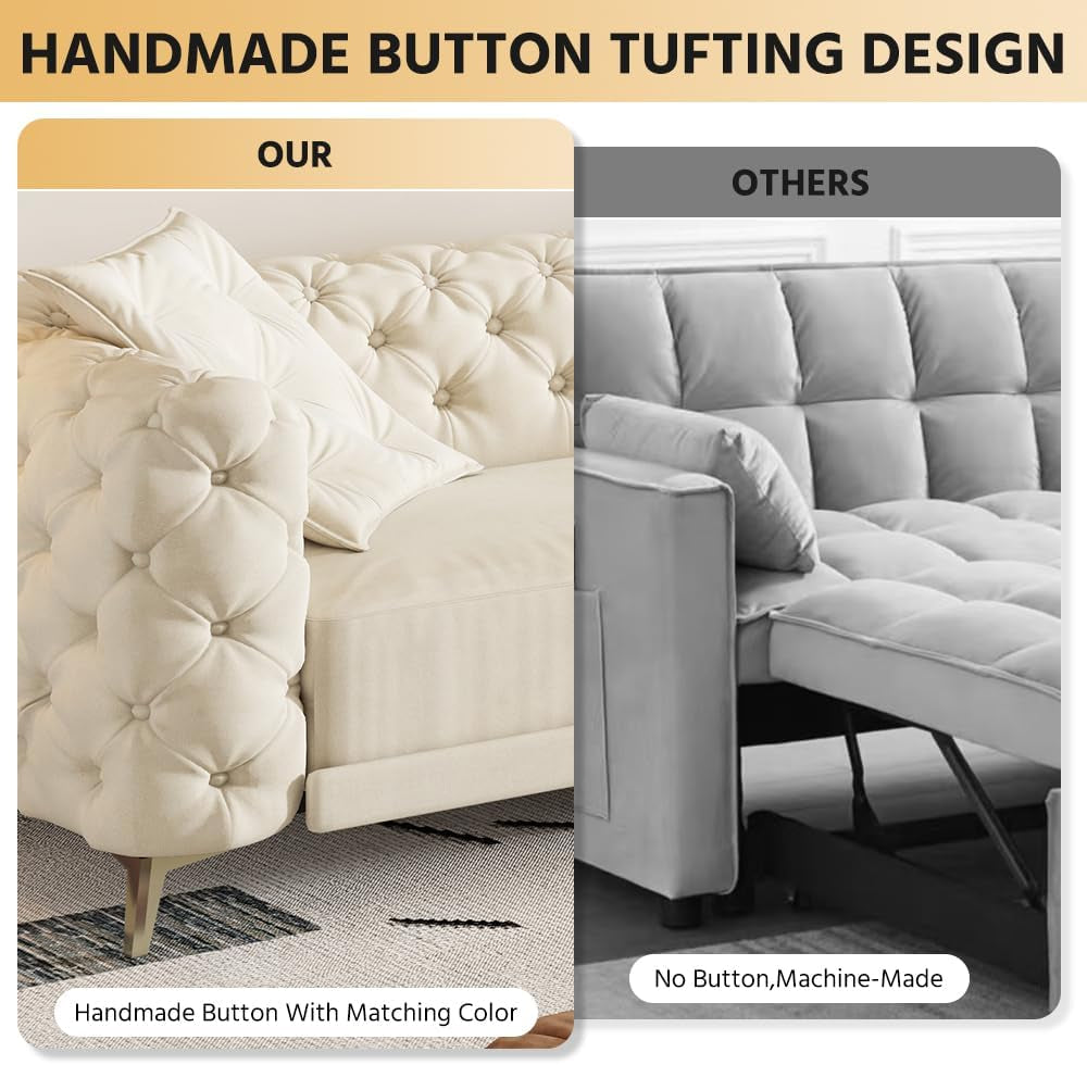 97.7" King Size Sleeper Sofa Bed, 3-In-1 Convertible Pull Out Chesterfield Sleeper Couch with Ottoman, Oversized Velvet Button Tufted L Shaped Sofa for Living Room Small Spaces, Beige White