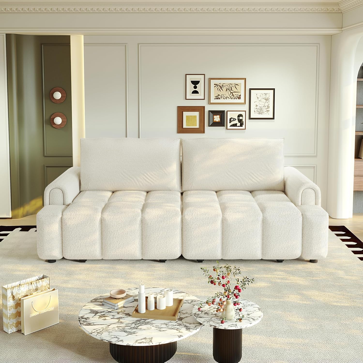 90.2" 4-Seater Modern Convertible Sofa Bed – Teddy Fabric Couch with Storage Seats, King Size 3-In-1 Sleeper Sofa for Living Room, Recliner Couch, Comfortable Sofa Bed for Families & Guests