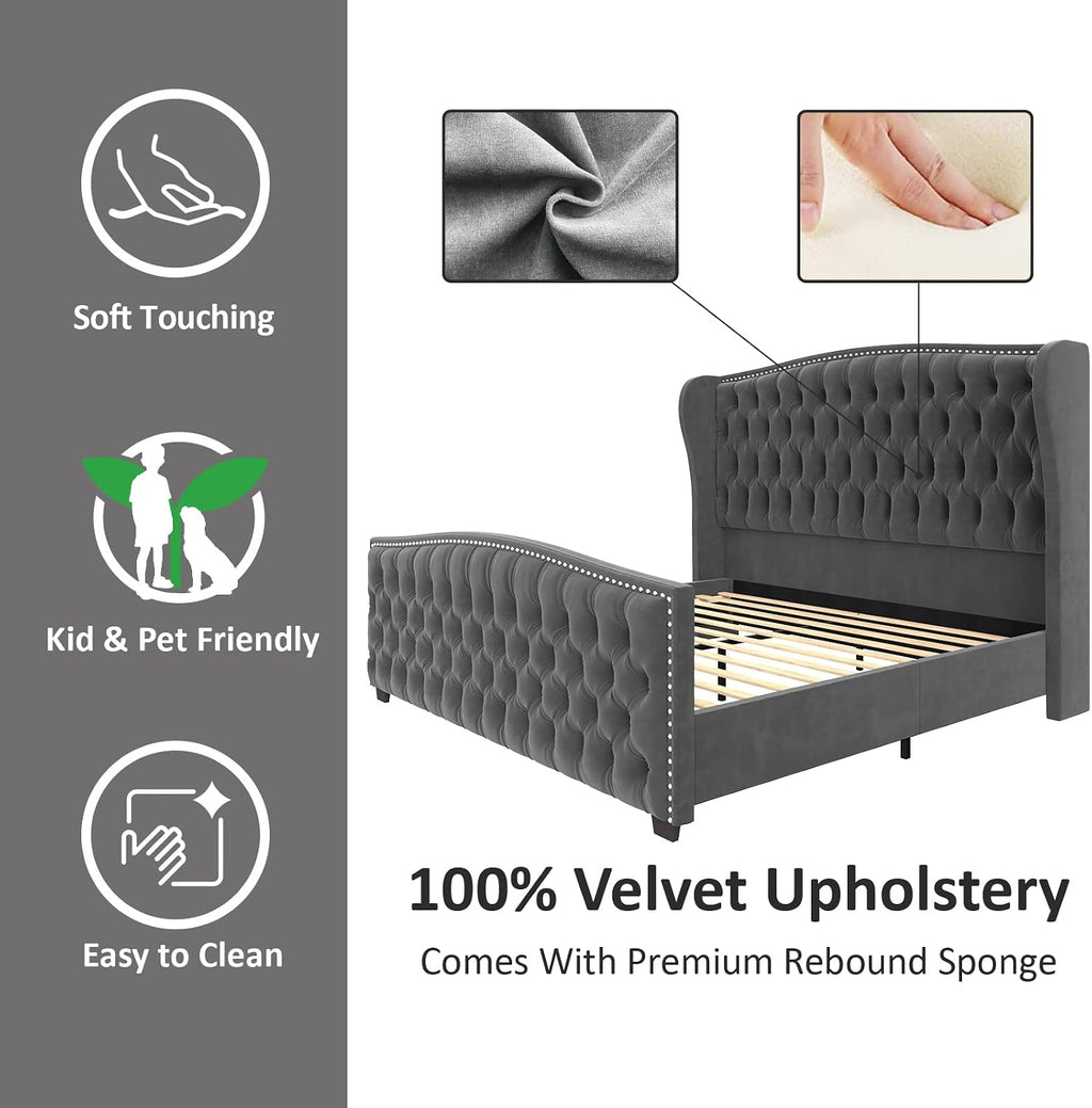 Queen Size Bed Frame with Velvet Upholstered Wingback Headboard