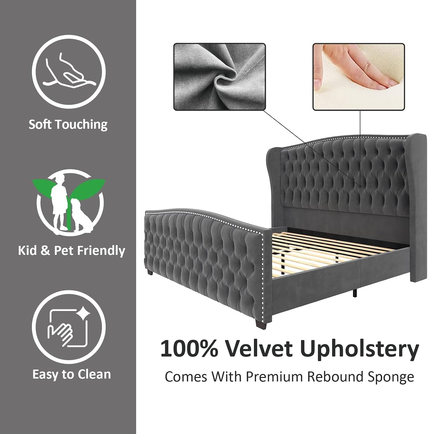 Queen Size Bed Frame with Velvet Upholstered Wingback Headboard