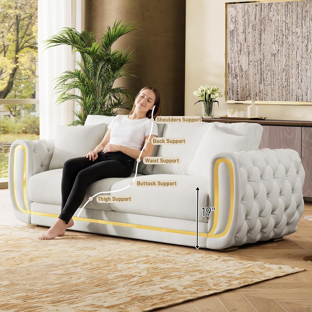 86"&86" Luxury Oversized Velvet Chesterfield Sofa Set,Beige and Gold Couch