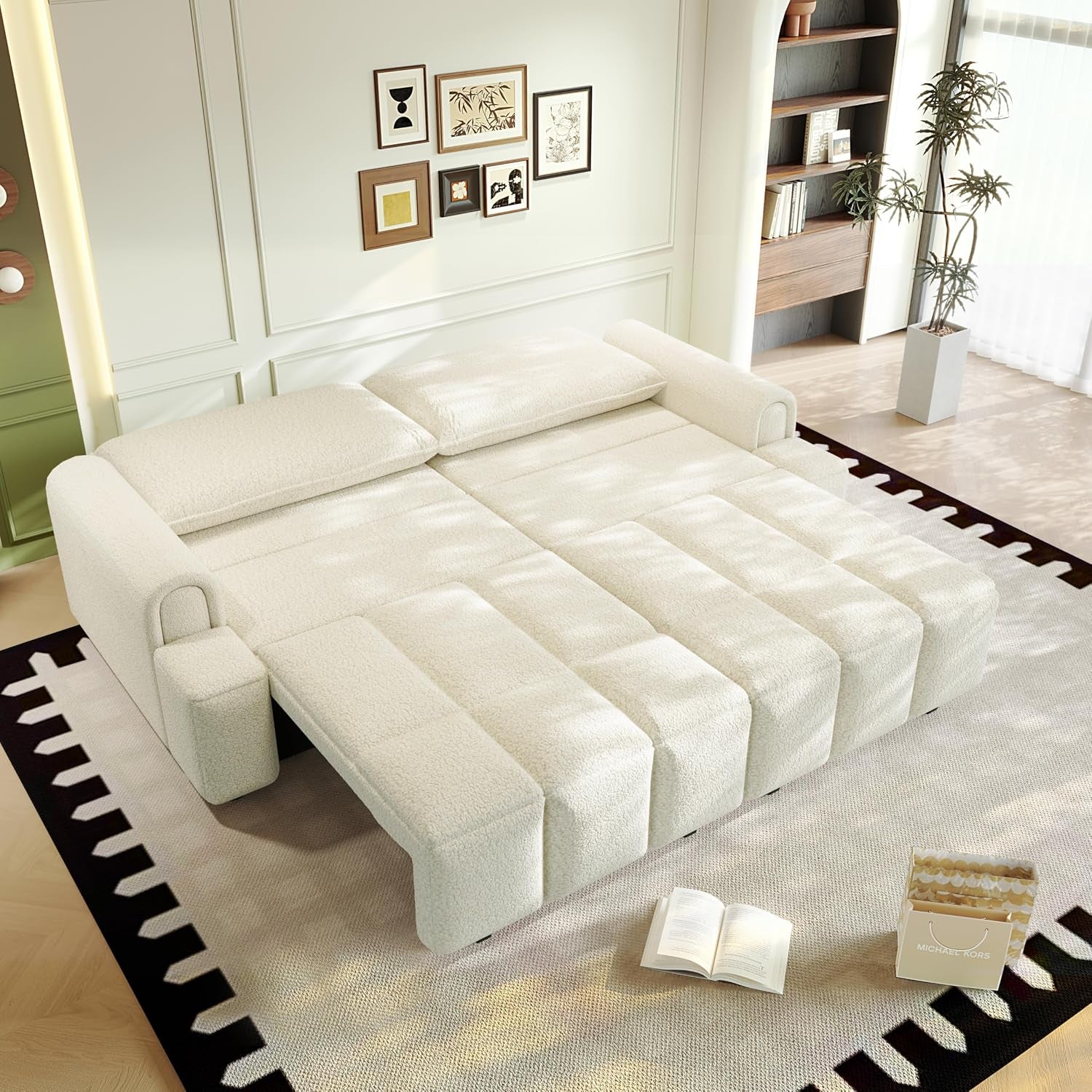 90.2" 4-Seater Modern Convertible Sofa Bed – Teddy Fabric Couch with Storage Seats, King Size 3-In-1 Sleeper Sofa for Living Room, Recliner Couch, Comfortable Sofa Bed for Families & Guests