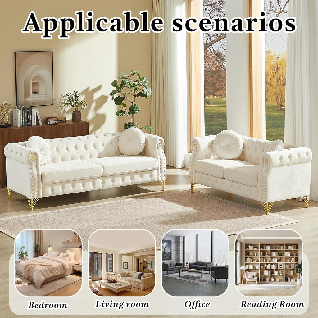 2 Pieces Velvet Chesterfield 82" 3-Seater and 61" Loveseat Sofa Sets with Two Pillows, Featuring Copper Stud Detailing (Beige, 2 Pieces 82" 3-Seater and 61" Loveseat Sofa Sets)