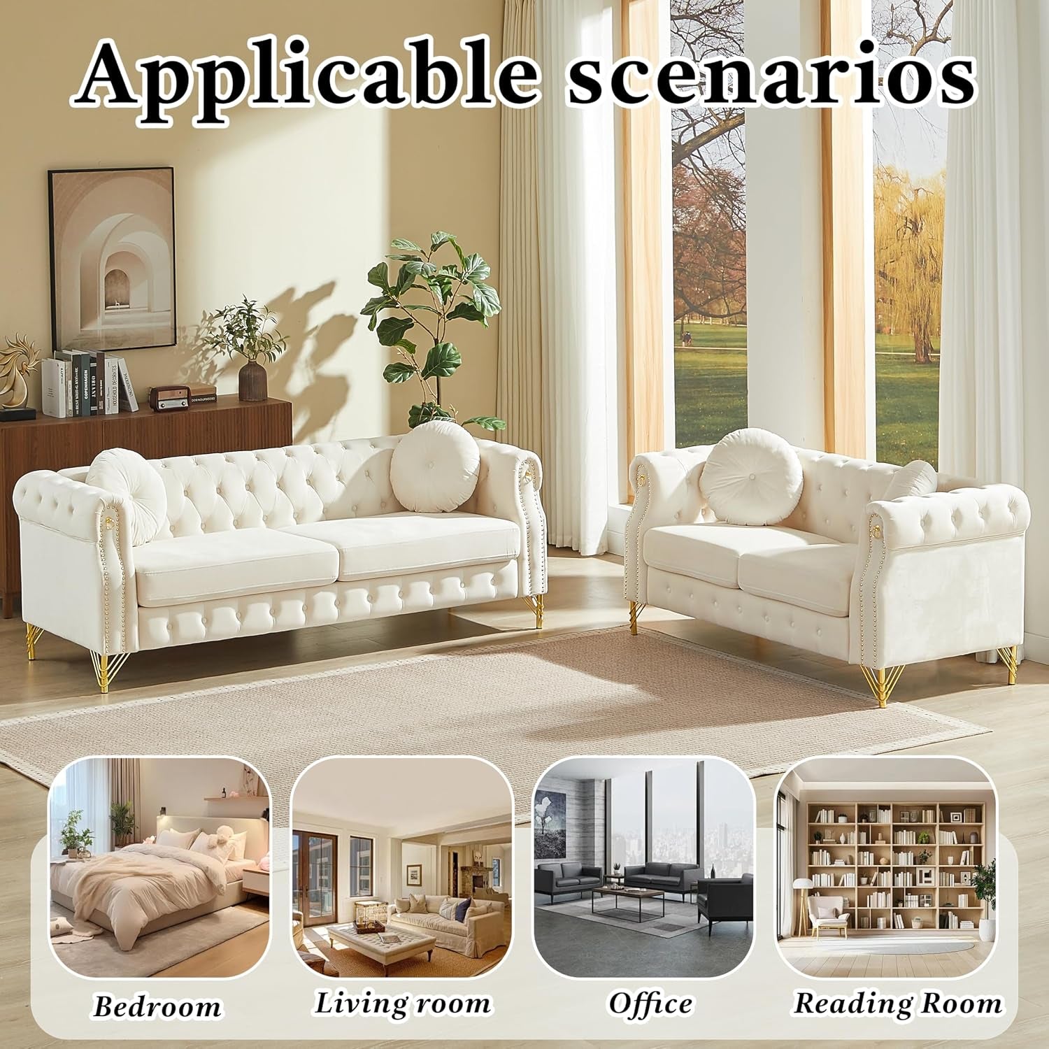 2 Pieces Velvet Chesterfield 82" 3-Seater and 61" Loveseat Sofa Sets with Two Pillows, Featuring Copper Stud Detailing (Beige, 2 Pieces 82" 3-Seater and 61" Loveseat Sofa Sets)