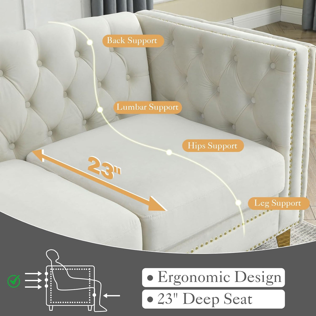 Chesterfield Sofa Set of 2, Modern Velvet Couch with Button Tufted & Nailhead Trim, Upholstered Deep Seat Couch, Comfy Sofa for Living Room, Bedroom, Apartment, Office(58" W + 80.5" W, Beige)