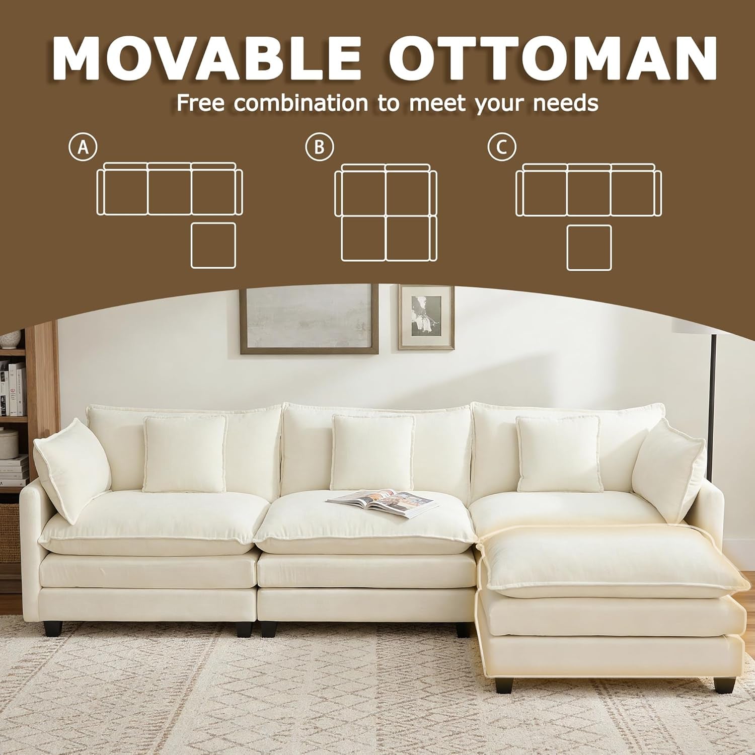 113" Modular Sectional Sofa, L Shaped Cloud Couch with Ottoman
