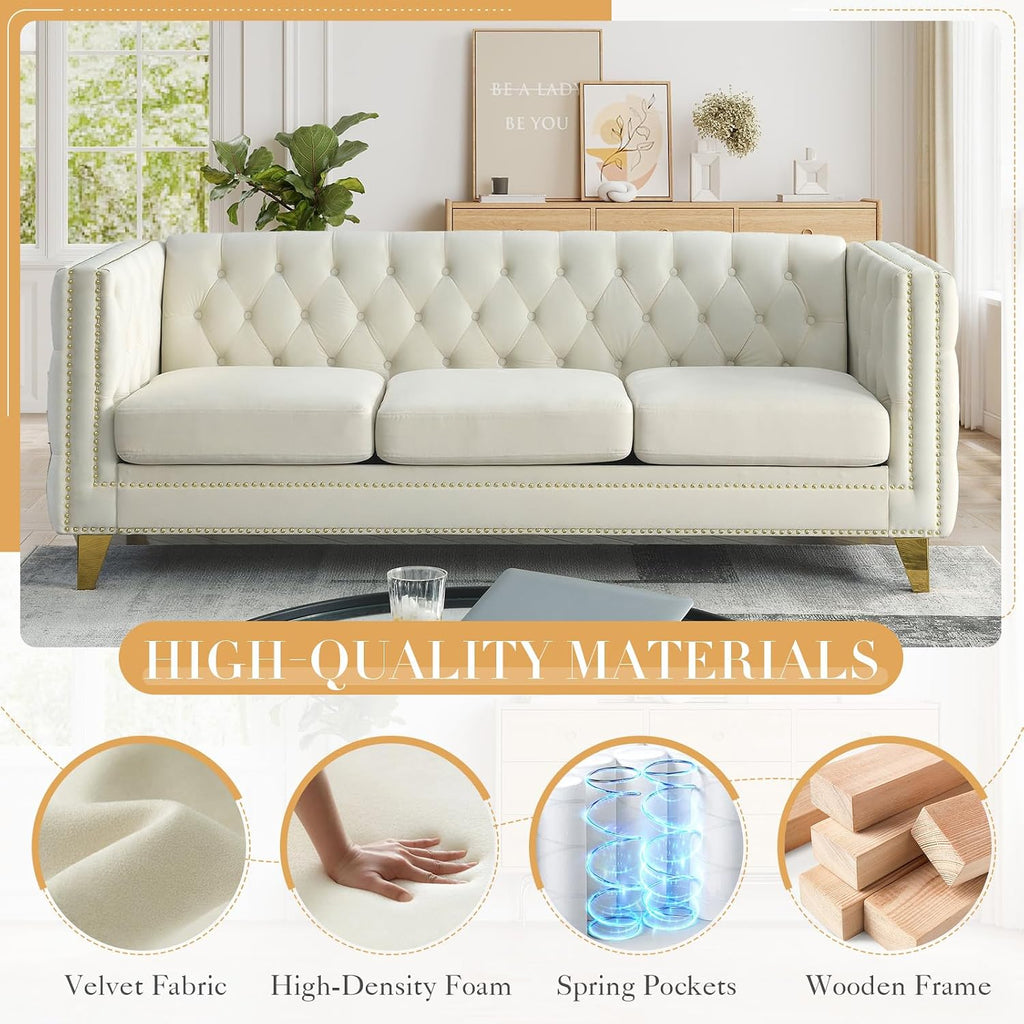 Chesterfield Sofa Set of 2, Modern Velvet Couch with Button Tufted & Nailhead Trim, Upholstered Deep Seat Couch, Comfy Sofa for Living Room, Bedroom, Apartment, Office(58" W + 80.5" W, Beige)