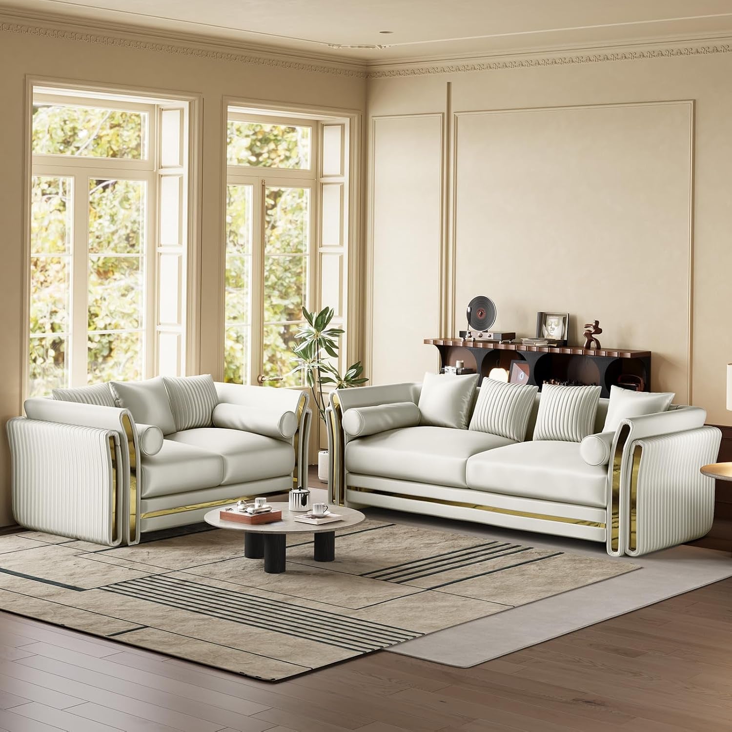 Luxury Chesterfield Loveseat and Sofa Set, Tufted Velvet Gold Couch, White