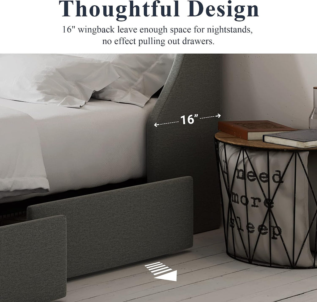 Queen Bed Frame with 4 Storage Drawers and Wingback Headboard, Button Tufted Design, No Box Spring Needed, Light Grey