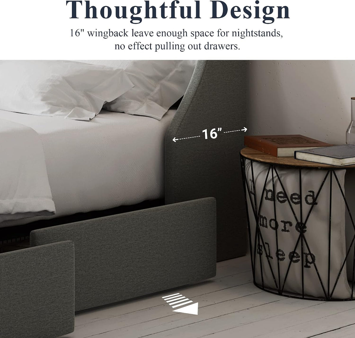 Queen Bed Frame with 4 Storage Drawers and Wingback Headboard, Button Tufted Design, No Box Spring Needed, Light Grey