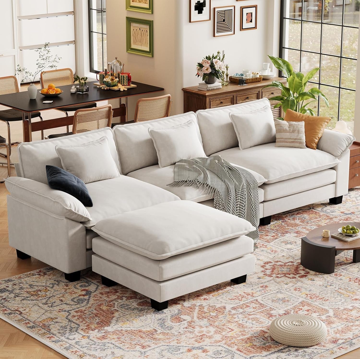 120" Modular Sectional Sofa, Comfy L-Shaped Cloud Couch with Movable Ottoman, Oversized 4-Seater Velvet Deep Seat Sofa Couch for Living Room, DIY Combination, Beige