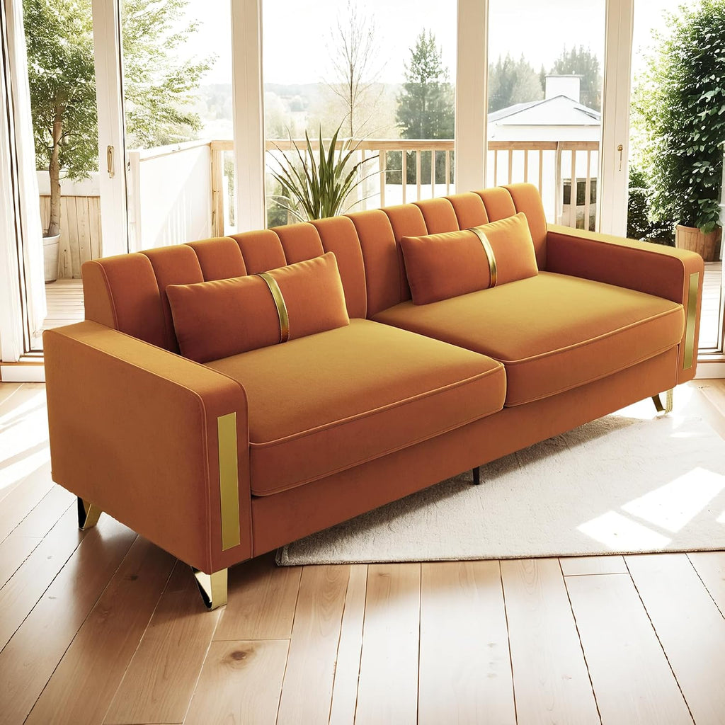 Loveseat Sofa for Living Room Set of 2, 2 Pcs 86" 3-Seater Velvet Sofa Couch with 2 Pillows & Gold Metal Legs, Modern Upholstered Sectional Love Seat Couch Set for Bedroom Apartment Home Office Orange