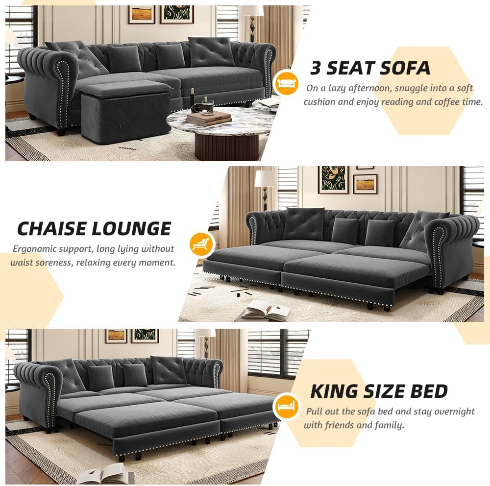 89" King Size Sleeper Sofa Bed, 3-In-1 Convertible Pull Out Chesterfield Sleeper Couch with Ottoman, Oversized Velvet Button Tufted L Shaped Sofa for Living Room Small Spaces, Grey