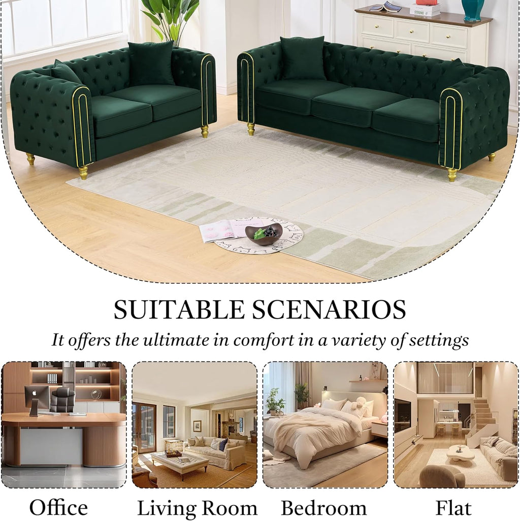 Chesterfield 86" 3-Seater + 63" Loveseat Green Velvet Sofa Sets, 3+2-Seater Couch Comfy Sofa, Button Tufted Rolled Arms and Gold Legs (Green, 2 Piece 86" 3-Seater + 63" Loveseat Sofa, Velvet)