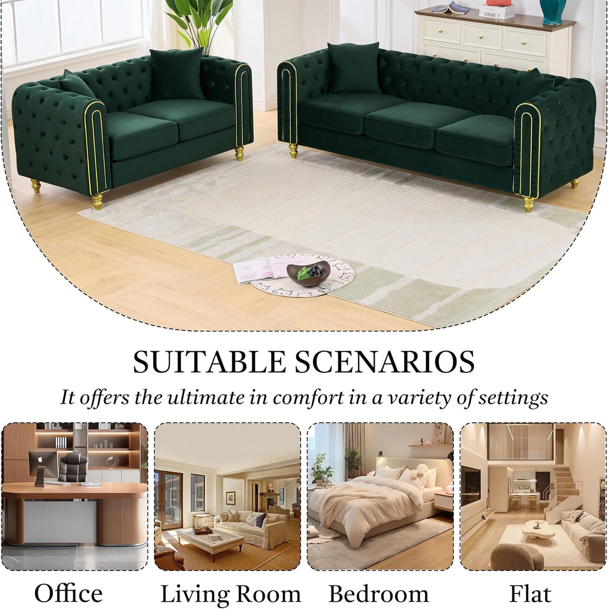 Chesterfield 86" 3-Seater + 63" Loveseat Green Velvet Sofa Sets, 3+2-Seater Couch Comfy Sofa, Button Tufted Rolled Arms and Gold Legs (Green, 2 Piece 86" 3-Seater + 63" Loveseat Sofa, Velvet)
