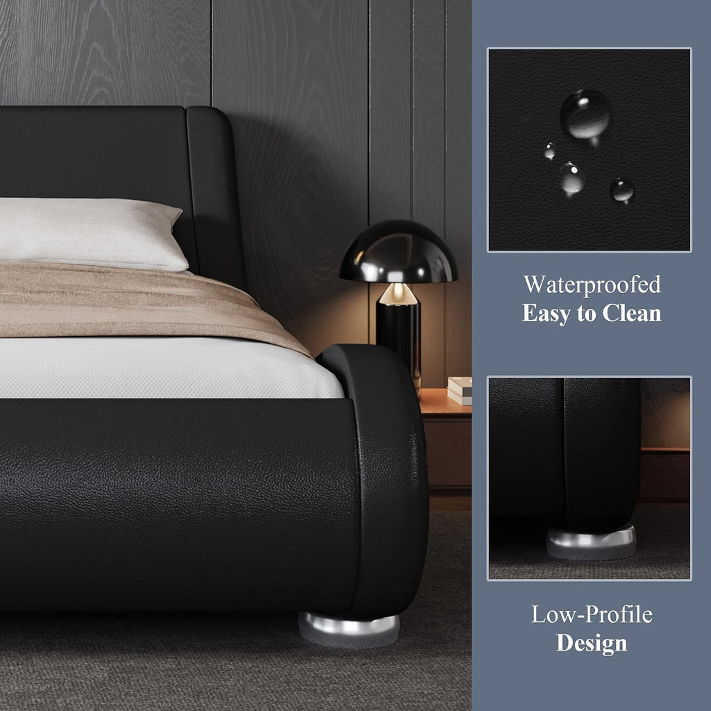 King Upholstered Sleigh Bed Frame with Adjustable Headboard, Black