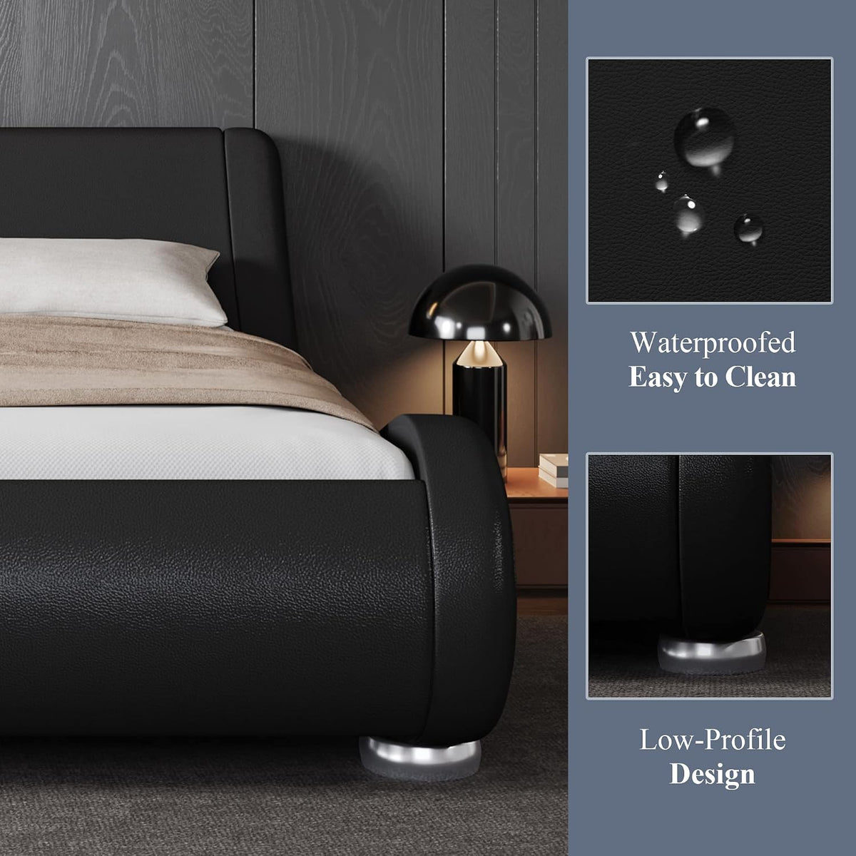 King Upholstered Sleigh Bed Frame with Adjustable Headboard, Black