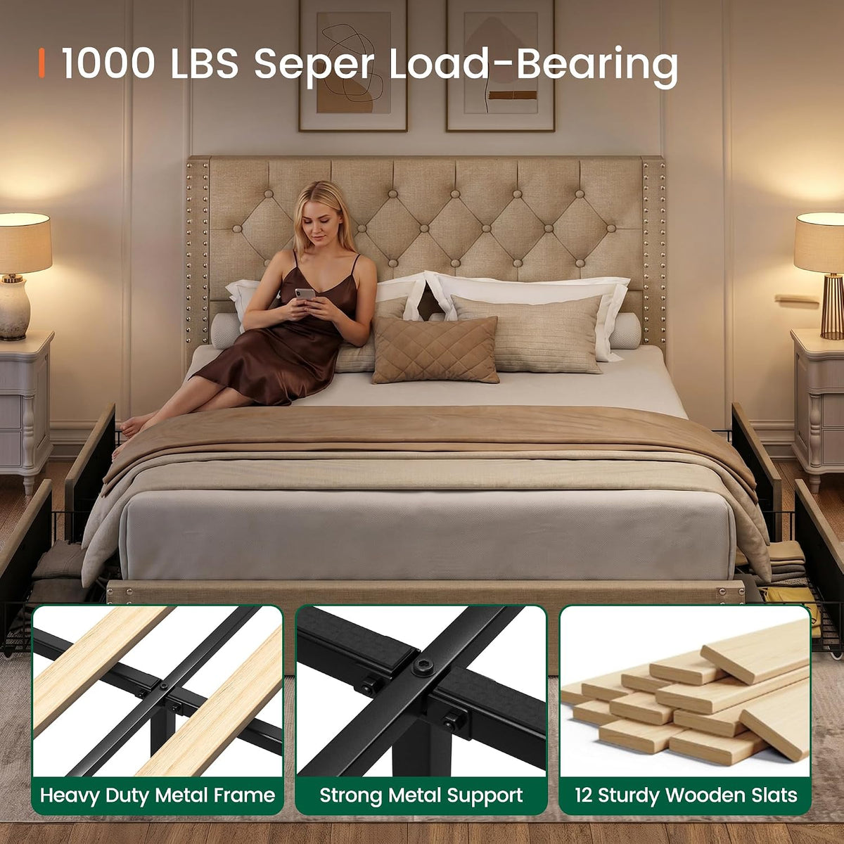 Queen Size Bed Frame with 4 Storage Drawers and Tufted Headboard Linen Upholstered Platform Bed Frame with Heavy Duty Wood Slats, No Box Spring Needed, Easy Assembly, Beige
