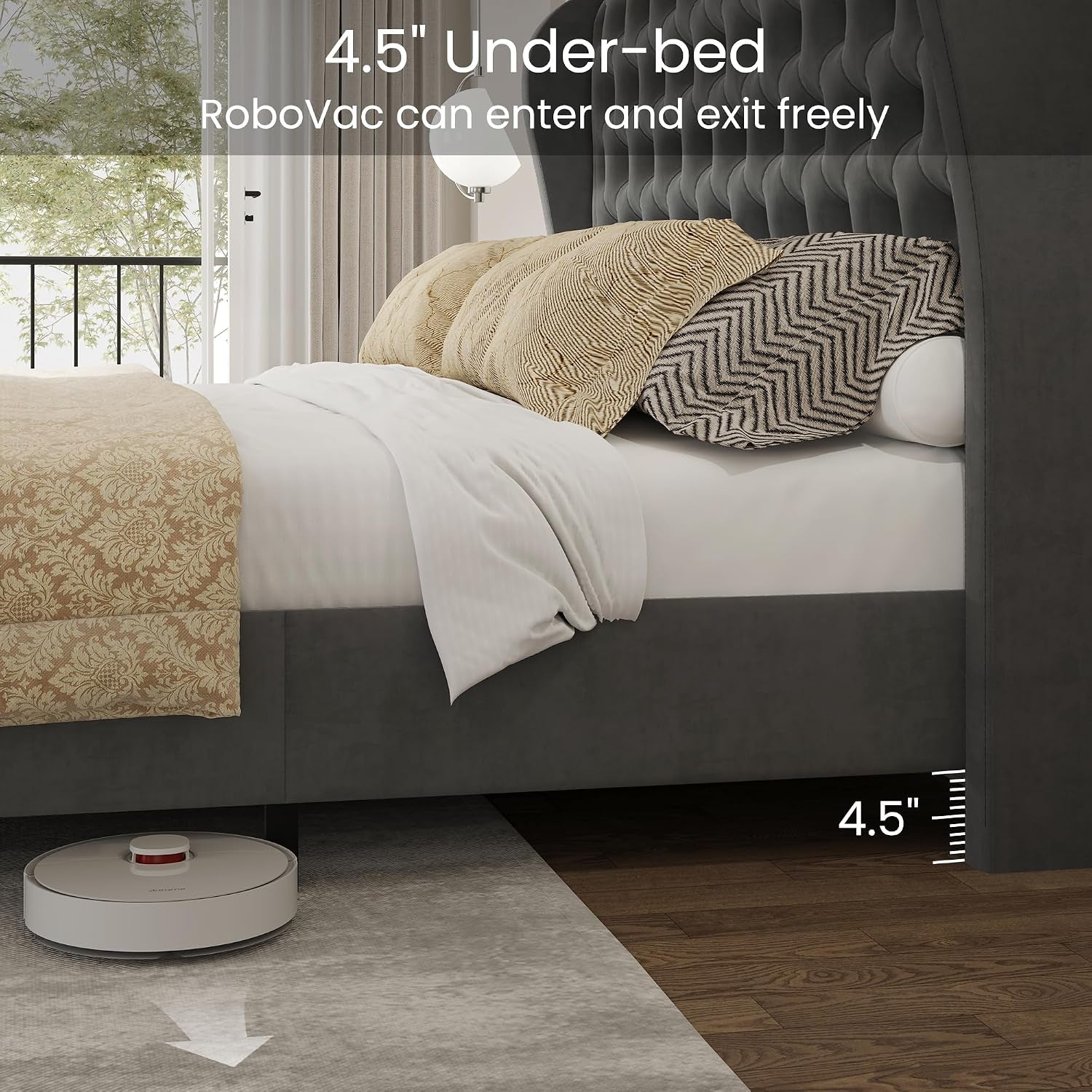 Queen Size Bed Frame Velvet Upholstered Platform Bed with Wingback Headboard & Footbaord, Deep Button Tufted Bed Frame with Wood Slats Support, No Box Spring Needed, Grey
