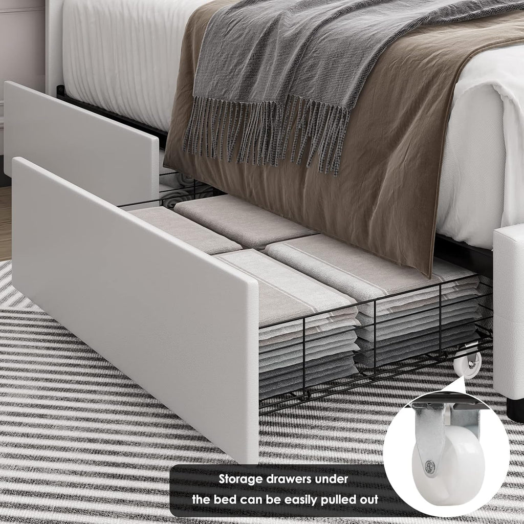 Queen Size Upholstered Platform Bed Frame with 4 Storage Drawers, Modern White Faux Leather Bed with Adjustable Button Tufted Headboard, Solid Wooden Slat Support, Easy Assembly