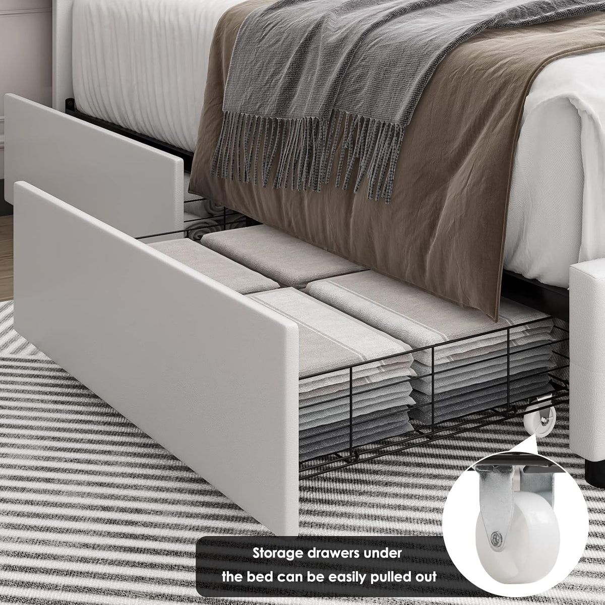 Queen Size Upholstered Platform Bed Frame with 4 Storage Drawers, Modern White Faux Leather Bed with Adjustable Button Tufted Headboard, Solid Wooden Slat Support, Easy Assembly